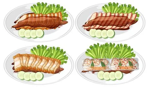 Assorted Sliced Meat Platters with Fresh Vegetables and Cucumbers Stock Illustration