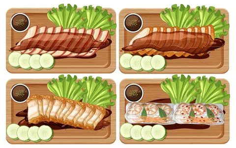 Assorted Sliced Meats and Dumplings on Wooden Serving Boards Illustrazione stock