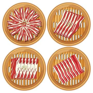 Assorted Slices of Raw Beef in Bamboo Steamers Top View Stock-Illustration