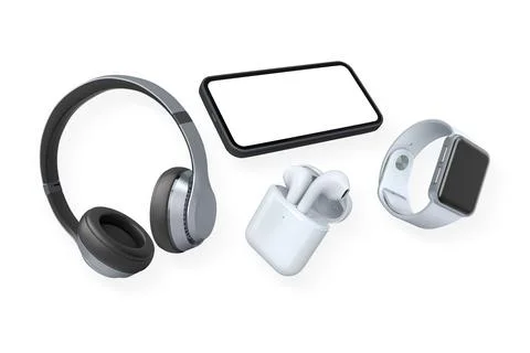 Assorted smart gadgets including phone, watches, earbuds and headphones isola Stock Photos