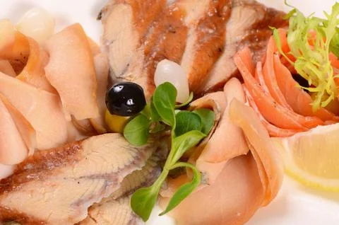 The assorted smoked fish Stock Photos