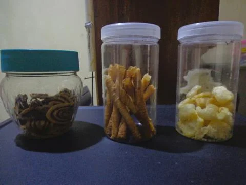 Assorted Snacks in Glass Jars 스톡 사진