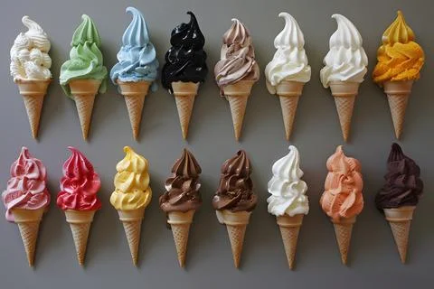 Assorted soft serve ice cream cones on neutral background Stock Photos