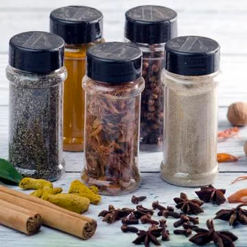 Assorted of spice on plastic kitchen condiment Stock Photos