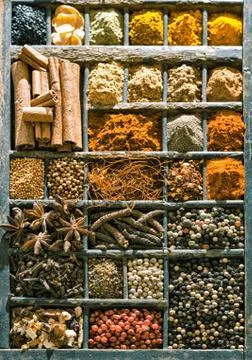 Assorted spices filling an old printers tray Stock Photos
