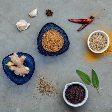Assorted of spices ginger,fennel seed,dried thyme ,sage leaves,g Stock Photos