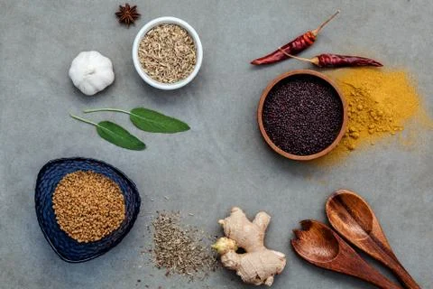 Assorted of spices ginger,fennel seed,dried thyme ,sage leaves,garlic ,star a Stock Photos