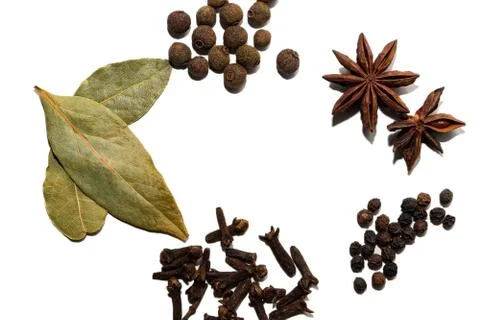 Assorted spices Isolated on a white background. Place for your text. Stock Photos