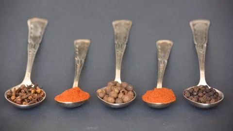 Assorted spices in silverware Stock Photos