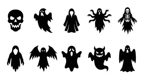 Assorted spooky ghost and skeleton graphics for scary Halloween themes and .. Stock Illustration