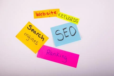 Assorted sticky note ord SEO ranking website keywords on notes Stock Photos