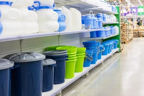 Assorted storage containers on store shelf Stock Photos