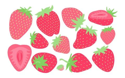 Assorted strawberries in flat design, showcasing whole and halved fruit with Stock Illustration