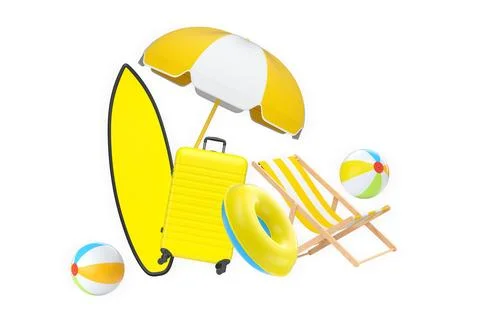 Assorted summer beach vacation items including surfboard, umbrella, suitcase Stock Illustration