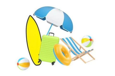Assorted summer beach vacation items including surfboard, umbrella, suitcas.. Stock-Illustration