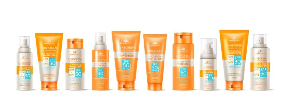 Assorted Sunscreen Bottles Collection on White Background Stock Illustration