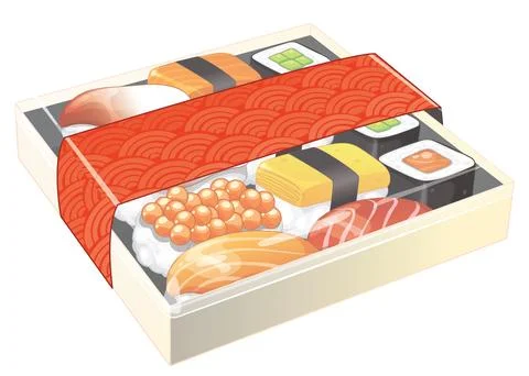 Assorted Sushi Bento Box with Red Patterned Sleeve Vector Illustration Stock Illustration