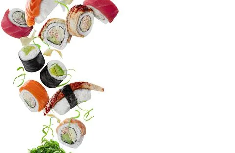 Assorted sushi with pickled ginger and wakame hovering on white background Stock Photos
