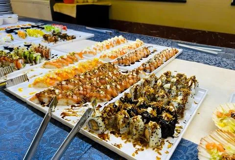 Assorted Sushi Platter on a Buffet Table Fotos de archivo