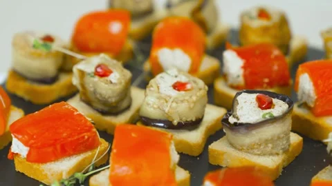 Assorted sushi rolls and canapes with salmon close-up food photography Stock Footage 314458609