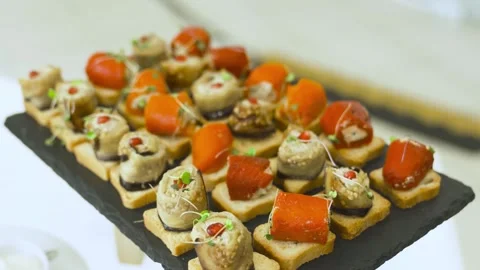 Assorted sushi rolls and canapes with salmon close-up food photography Stock Footage 314522213