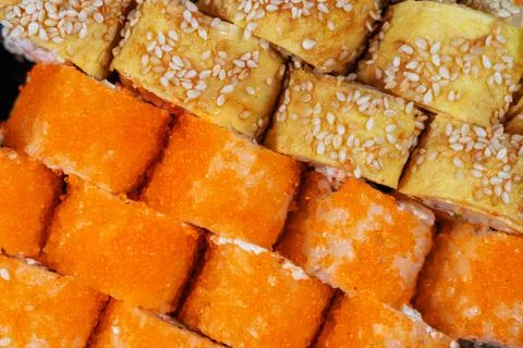 Assorted sushi. Rolls pattern photo background Stock Photos