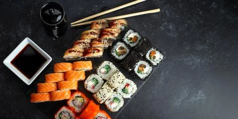 Assorted Sushi Rolls Set Top View Stock Photos