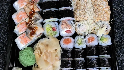 Assorted sushi, rolls set traditional Japanese and Asian food Stock Footage 164363882