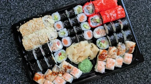 Assorted sushi, rolls set traditional Japanese and Asian food Stock Footage 164364683
