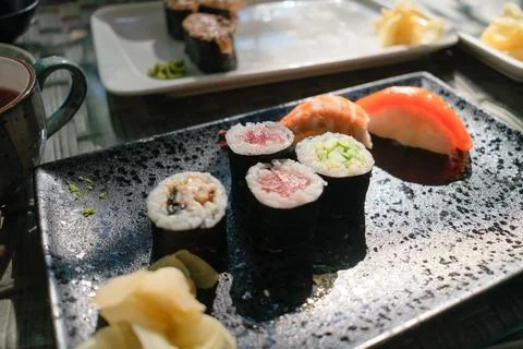 Assorted Sushi Selection with Raw Fish in Authentic Setting Stock-Fotos