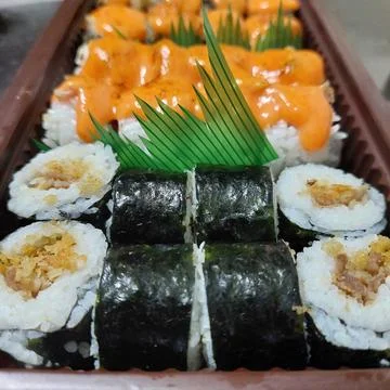 Assorted sushi served in a container Stock Photos