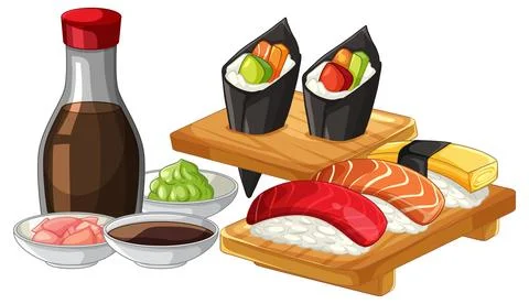 Assorted Sushi Set with Soy Sauce Wasabi and Ginger Vector Illustration Illustrazione stock