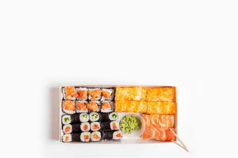 Assorted sushi set on white background Space for text Top view delivery socia Stock Photos