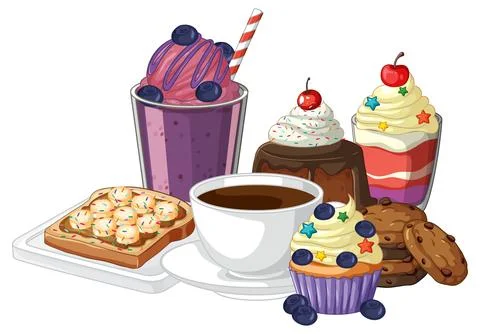 Assorted Sweet Desserts and Coffee Vector Illustration Set on White Backgroun Stock Illustration