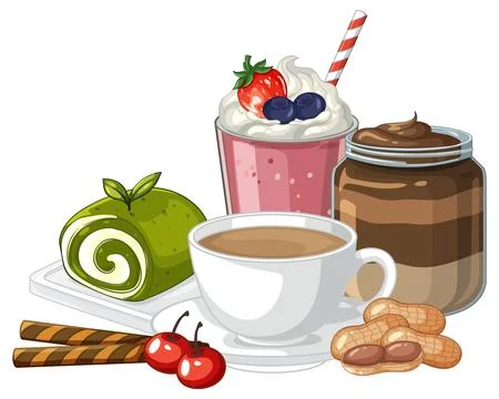 Assorted Sweet Desserts with Coffee and Matcha Roll Cake Illustration Stock Illustration