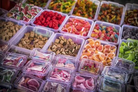 Assorted sweets at the marketplace Stock Photos