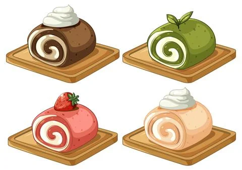 Assorted Swiss Roll Cake Slices on Wooden Boards Vector Illustration Stock Illustration