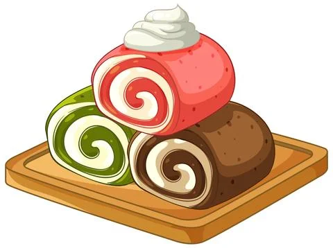 Assorted Swiss Roll Cakes with Whipped Cream on Wooden Board Stock Illustration