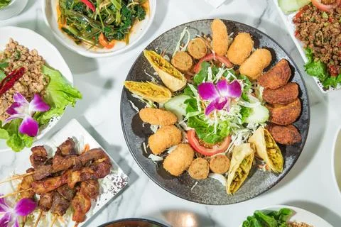 Assorted thai appetizers on sharing platter Stock Photos