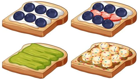Assorted Toast Slices with Fruit Spreads and Sweet Toppings Vector Illustrati 스톡 일러스트