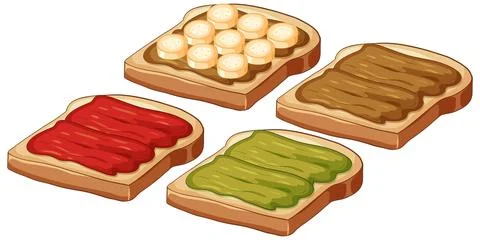 Assorted Toast Slices with Jam Peanut Butter and Banana Toppings Illustrazione stock