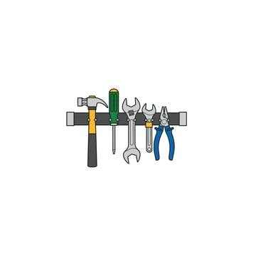 Assorted tools hanging on magnetic strip for workshop organization Ilustración de archivo