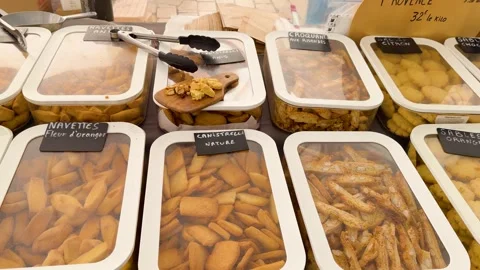 Assorted Traditional French Biscuits and Cookies at Cassis Outdoor Market Stock Footage 335119265