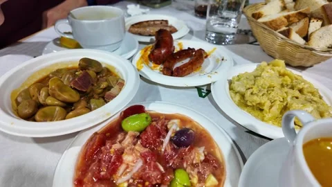 Assorted Traditional Murcian Tapas Michirones and Spanish Salad on Restaurant 스톡 동영상 332813571