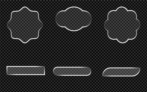 Assorted transparent glass shapes with silver trim on dark grid. Stockillustratie