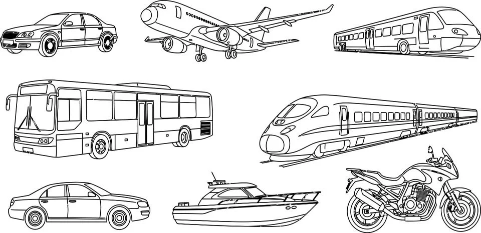 Assorted transportation modes in black and white outline style including a ca Stock Illustration