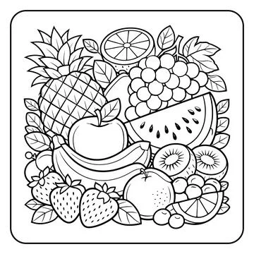 Assorted Tropical Fruit Coloring Page Line Art Stock Illustration