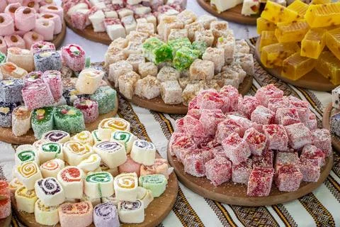 Assorted Turkish Delight bars. Sugar coated soft candy 写真素材