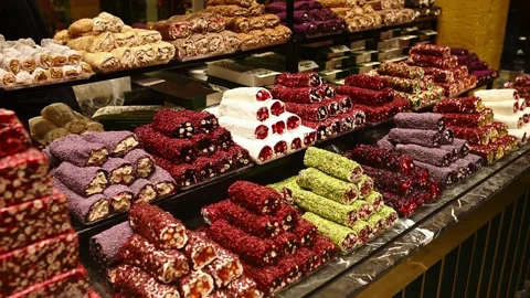 Assorted Turkish delight with nuts and fruits, healthy natural sweets, oriental 스톡 동영상 332166648