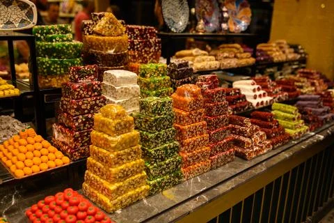 Assorted Turkish delight with nuts and fruits, healthy natural sweets, oriental Stock Photos